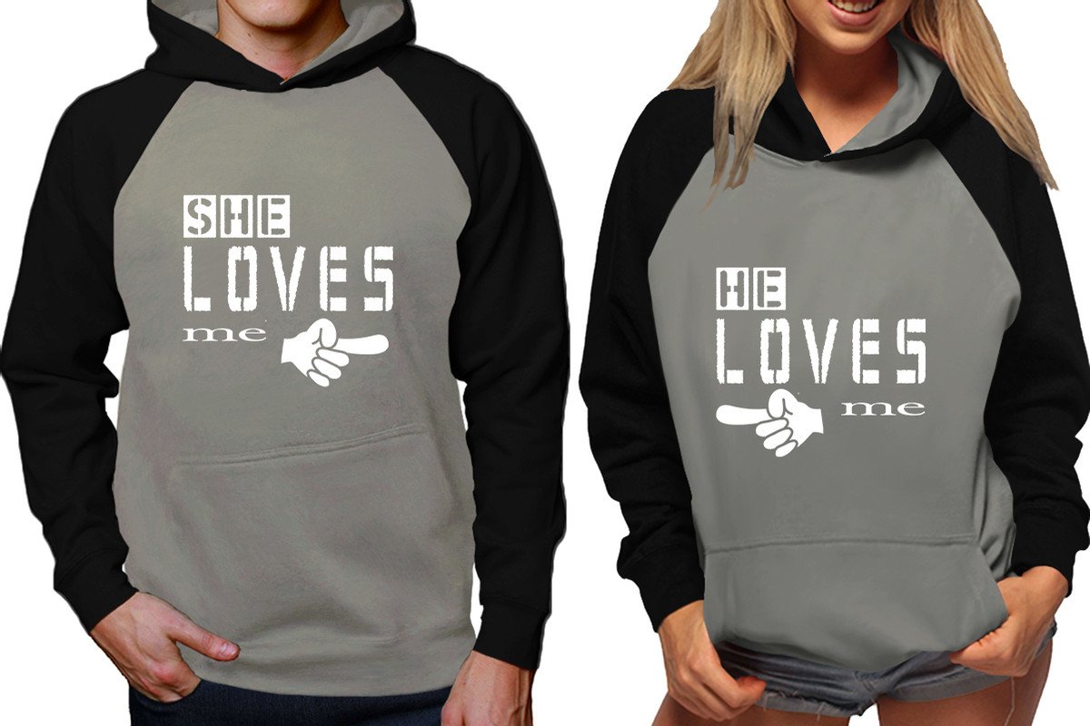 She Loves Me and He Loves Me raglan hoodies, Matching couple hoodies, Black Grey his and hers man and woman contrast raglan hoodies