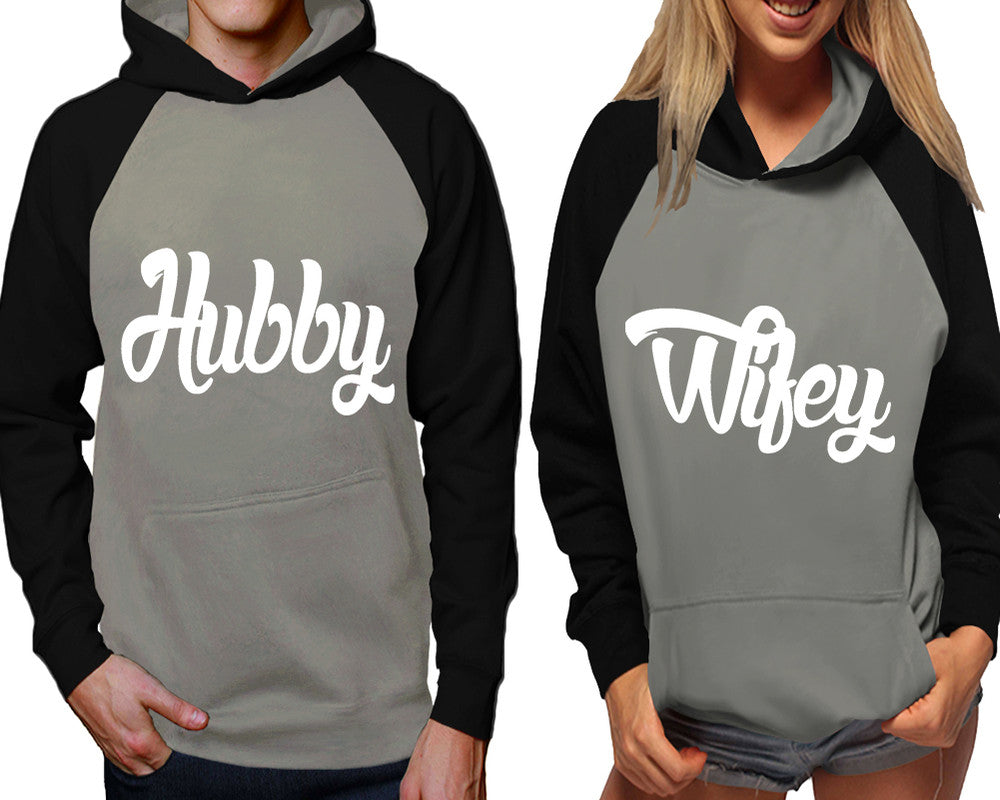 Hubby and Wifey raglan hoodies, Matching couple hoodies, Black Grey his and hers man and woman contrast raglan hoodies