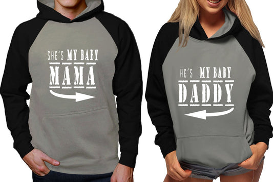 She's My Baby Mama and He's My Baby Daddy raglan hoodies, Matching couple hoodies, Black Grey his and hers man and woman contrast raglan hoodies