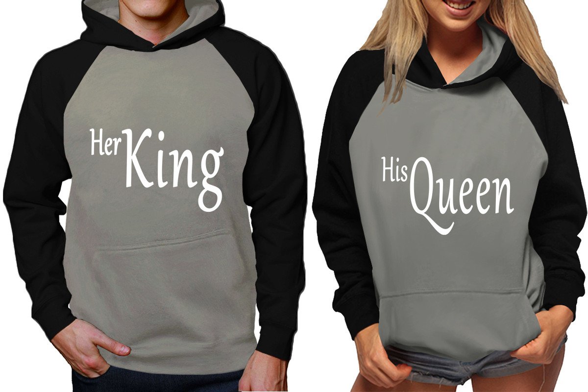 Her King and His Queen raglan hoodies, Matching couple hoodies, Black Grey King Queen design on man and woman hoodies