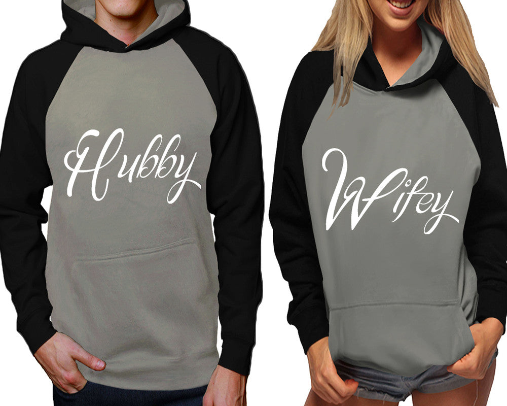 Hubby and Wifey raglan hoodies, Matching couple hoodies, Black Grey his and hers man and woman contrast raglan hoodies