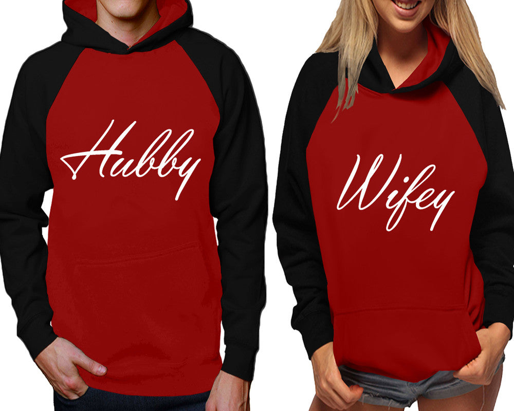 Hubby and Wifey raglan hoodies, Matching couple hoodies, Black Maroon his and hers man and woman contrast raglan hoodies