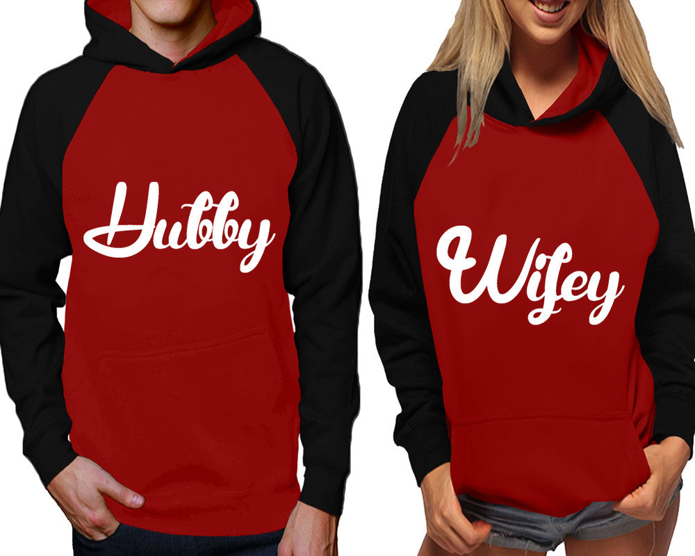 Hubby and Wifey raglan hoodies, Matching couple hoodies, Black Maroon his and hers man and woman contrast raglan hoodies