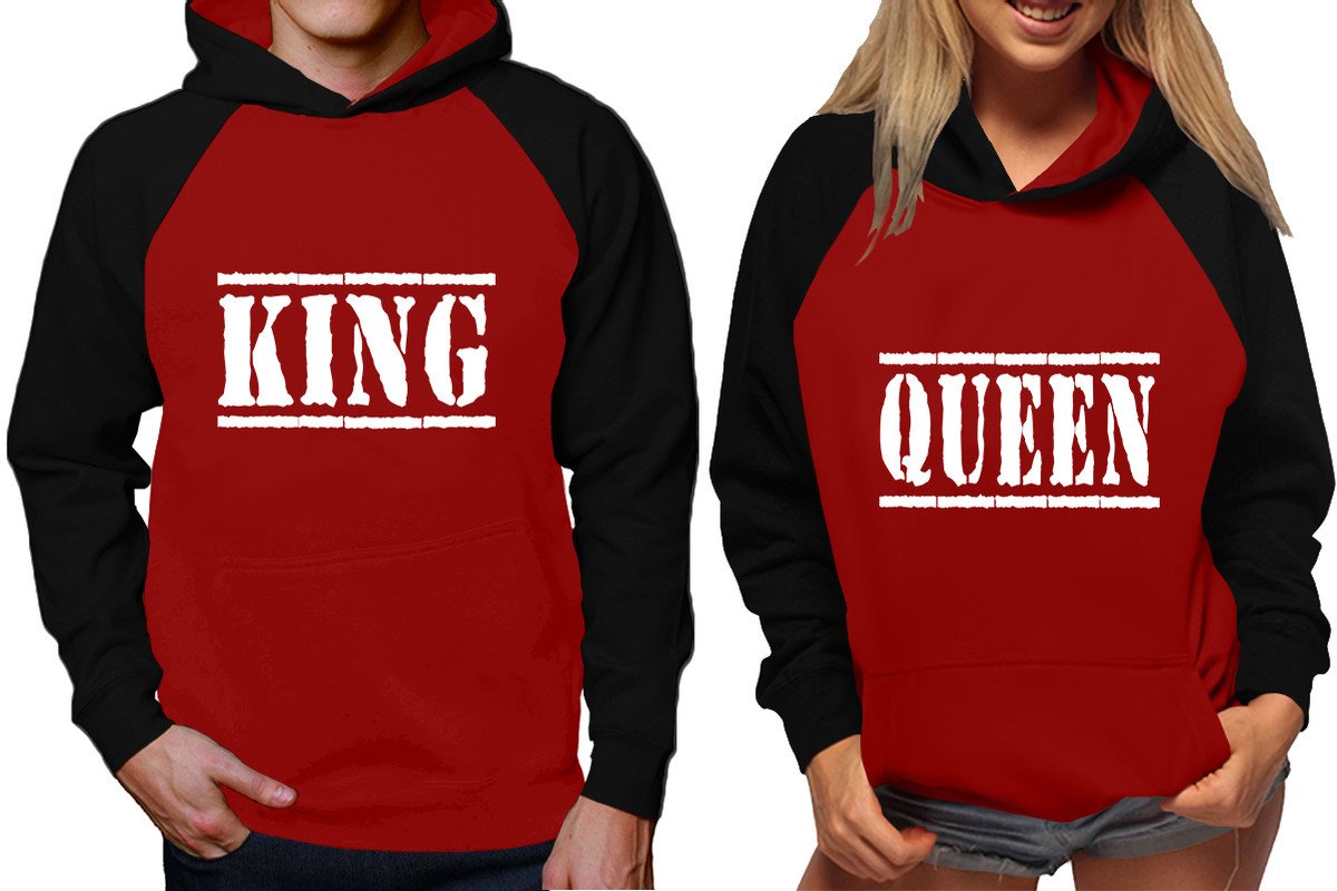 King and Queen raglan hoodies, Matching couple hoodies, Black Maroon King Queen design on man and woman hoodies