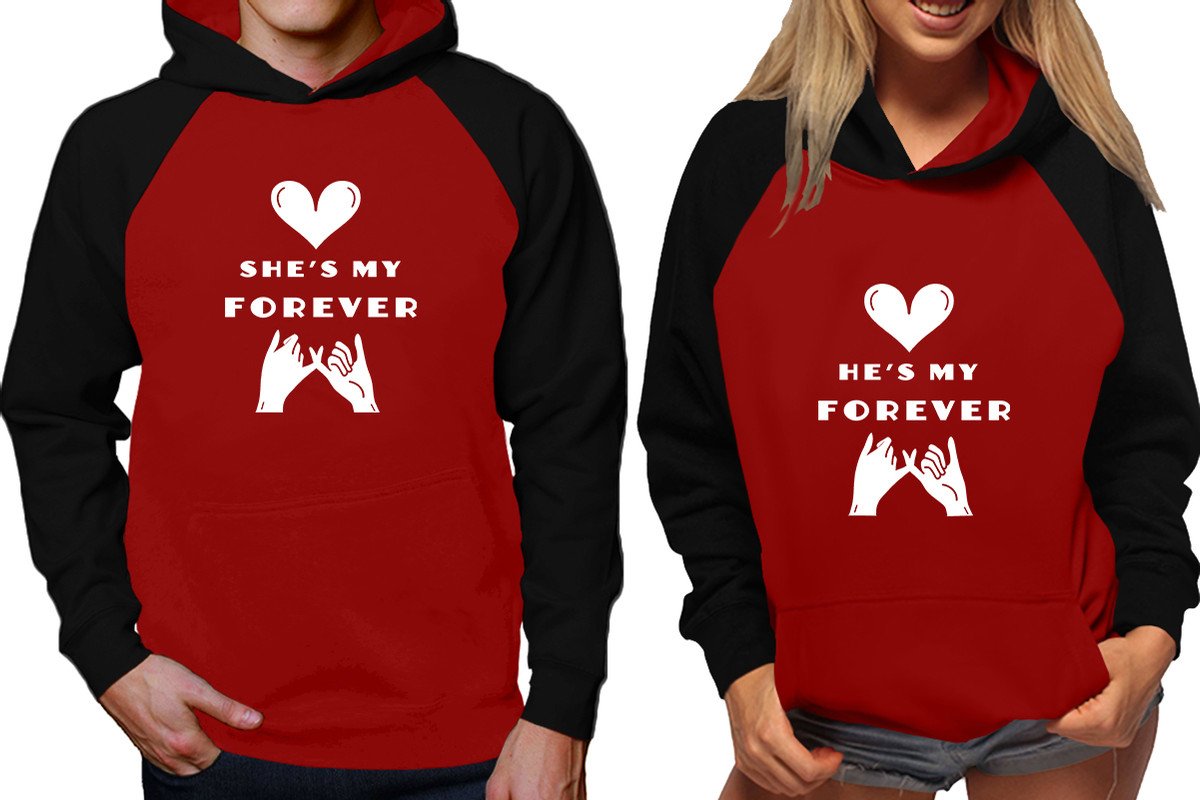 She's My Forever and He's My Forever raglan hoodies, Matching couple hoodies, Black Maroon his and hers man and woman contrast raglan hoodies