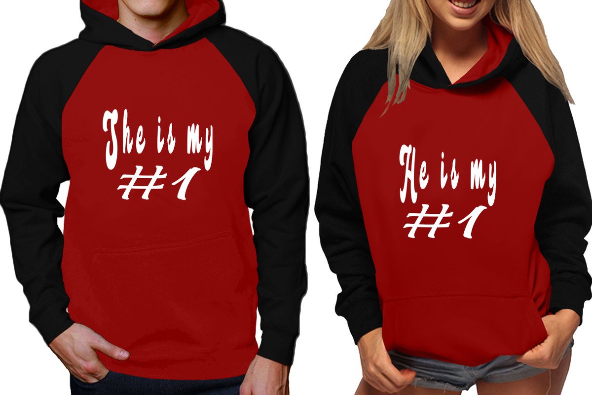 She's My Number 1 and He's My Number 1 raglan hoodies, Matching couple hoodies, Black Maroon his and hers man and woman contrast raglan hoodies