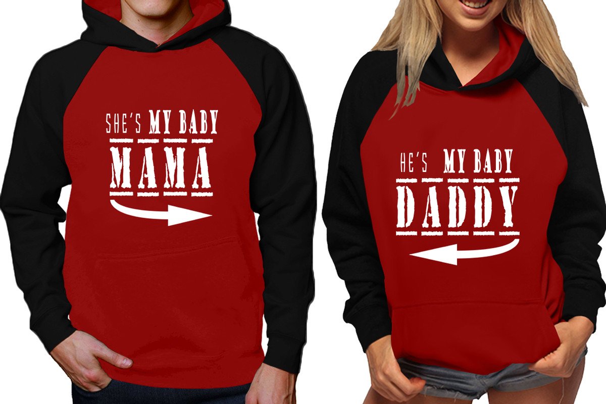 She's My Baby Mama and He's My Baby Daddy raglan hoodies, Matching couple hoodies, Black Maroon his and hers man and woman contrast raglan hoodies