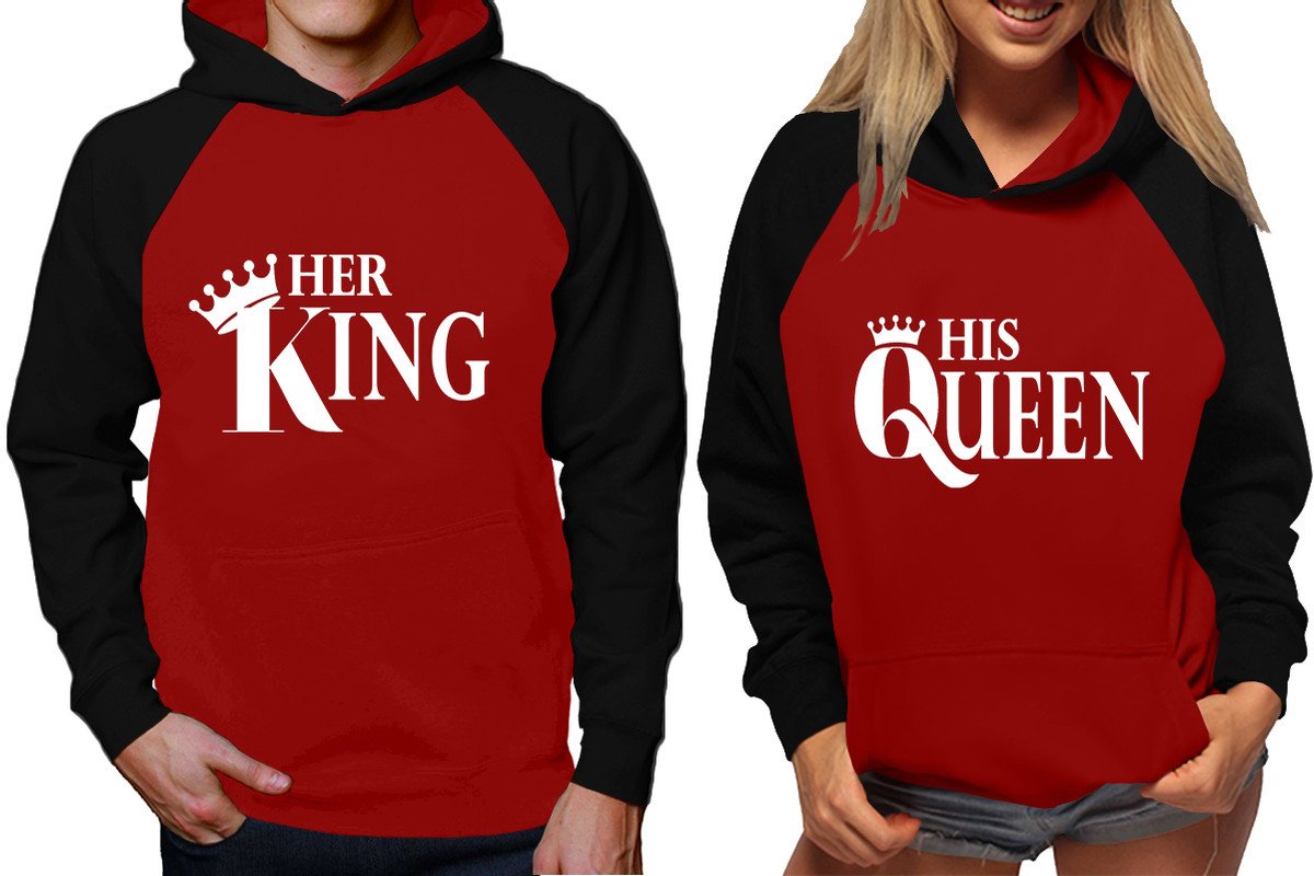 Her King and His Queen raglan hoodies, Matching couple hoodies, Black Maroon King Queen design on man and woman hoodies