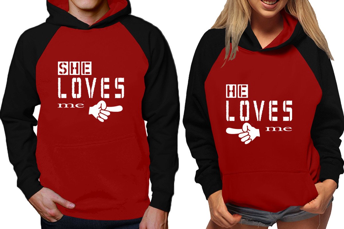 She Loves Me and He Loves Me raglan hoodies, Matching couple hoodies, Black Maroon his and hers man and woman contrast raglan hoodies