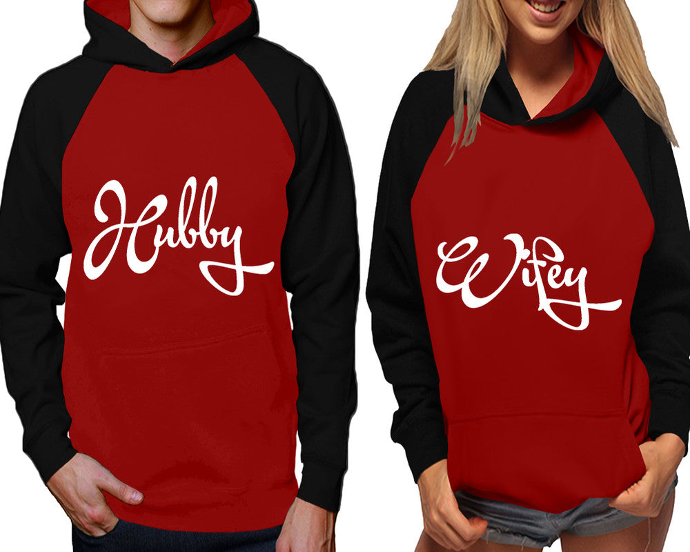 Hubby and Wifey raglan hoodies, Matching couple hoodies, Black Maroon his and hers man and woman contrast raglan hoodies