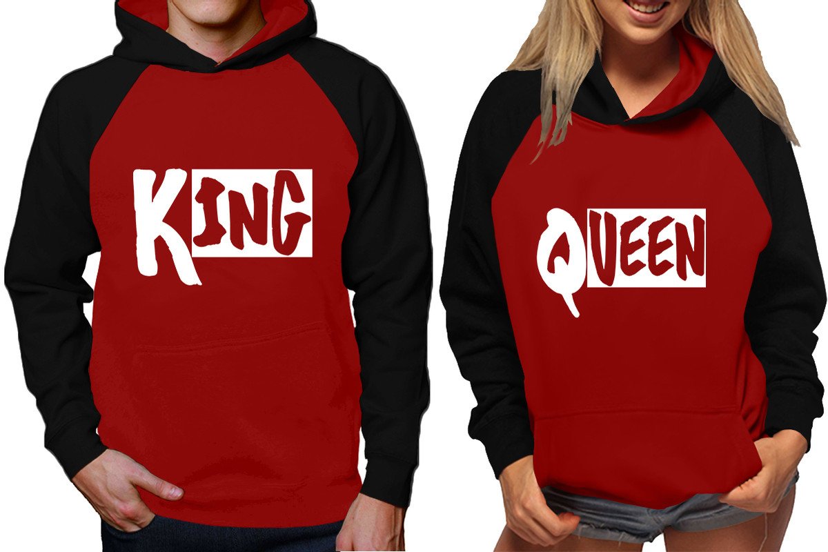 King and Queen raglan hoodies, Matching couple hoodies, Black Maroon King Queen design on man and woman hoodies