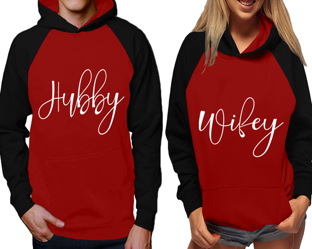 Hubby and Wifey raglan hoodies, Matching couple hoodies, Black Maroon his and hers man and woman contrast raglan hoodies