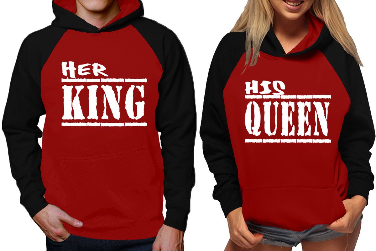 Her King and His Queen raglan hoodies, Matching couple hoodies, Black Maroon King Queen design on man and woman hoodies