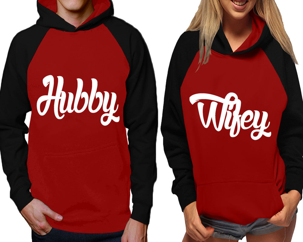 Hubby and Wifey raglan hoodies, Matching couple hoodies, Black Maroon his and hers man and woman contrast raglan hoodies