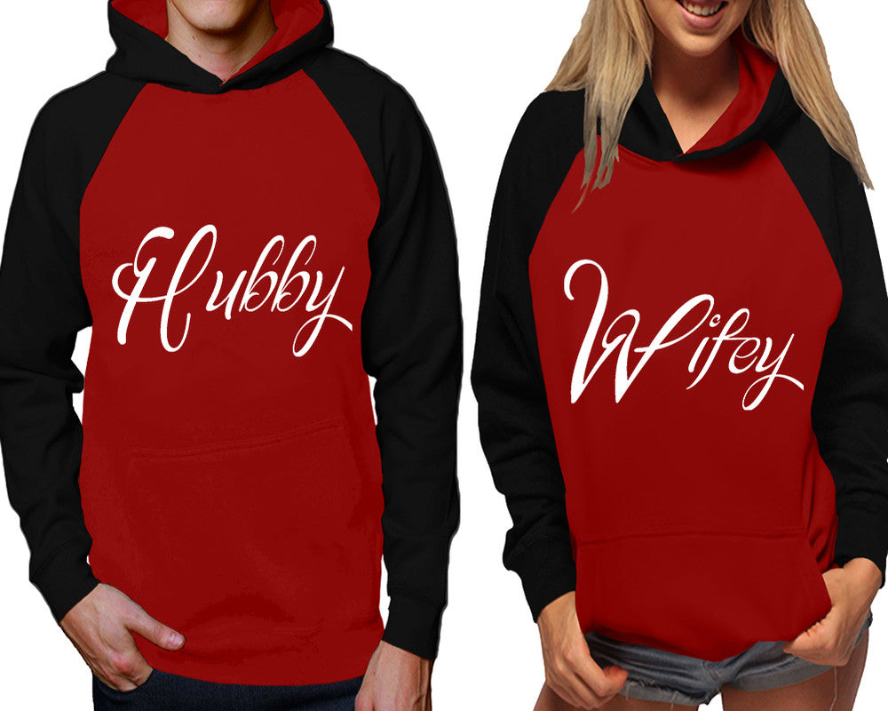Hubby and Wifey raglan hoodies, Matching couple hoodies, Black Maroon his and hers man and woman contrast raglan hoodies