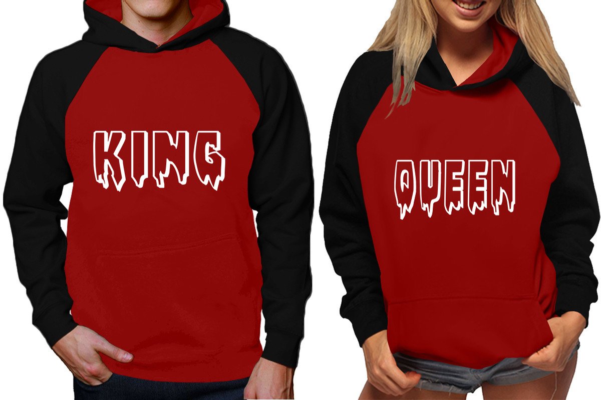 King and Queen raglan hoodies, Matching couple hoodies, Black Maroon King Queen design on man and woman hoodies