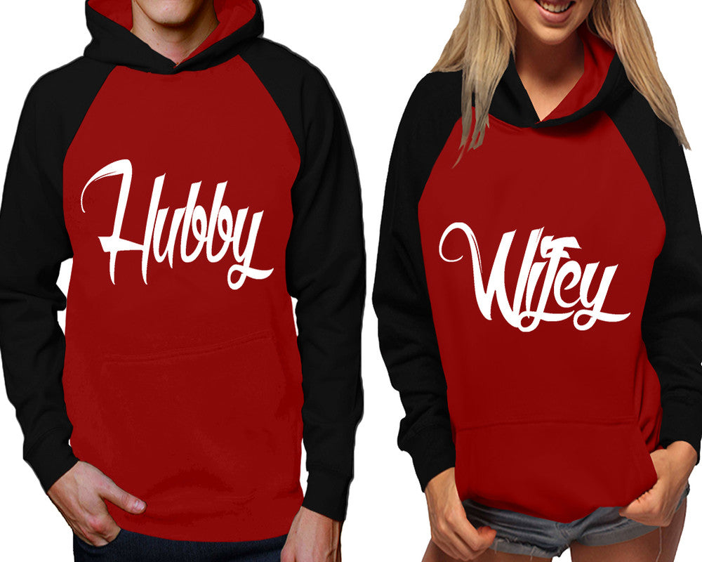 Hubby and Wifey raglan hoodies, Matching couple hoodies, Black Maroon his and hers man and woman contrast raglan hoodies