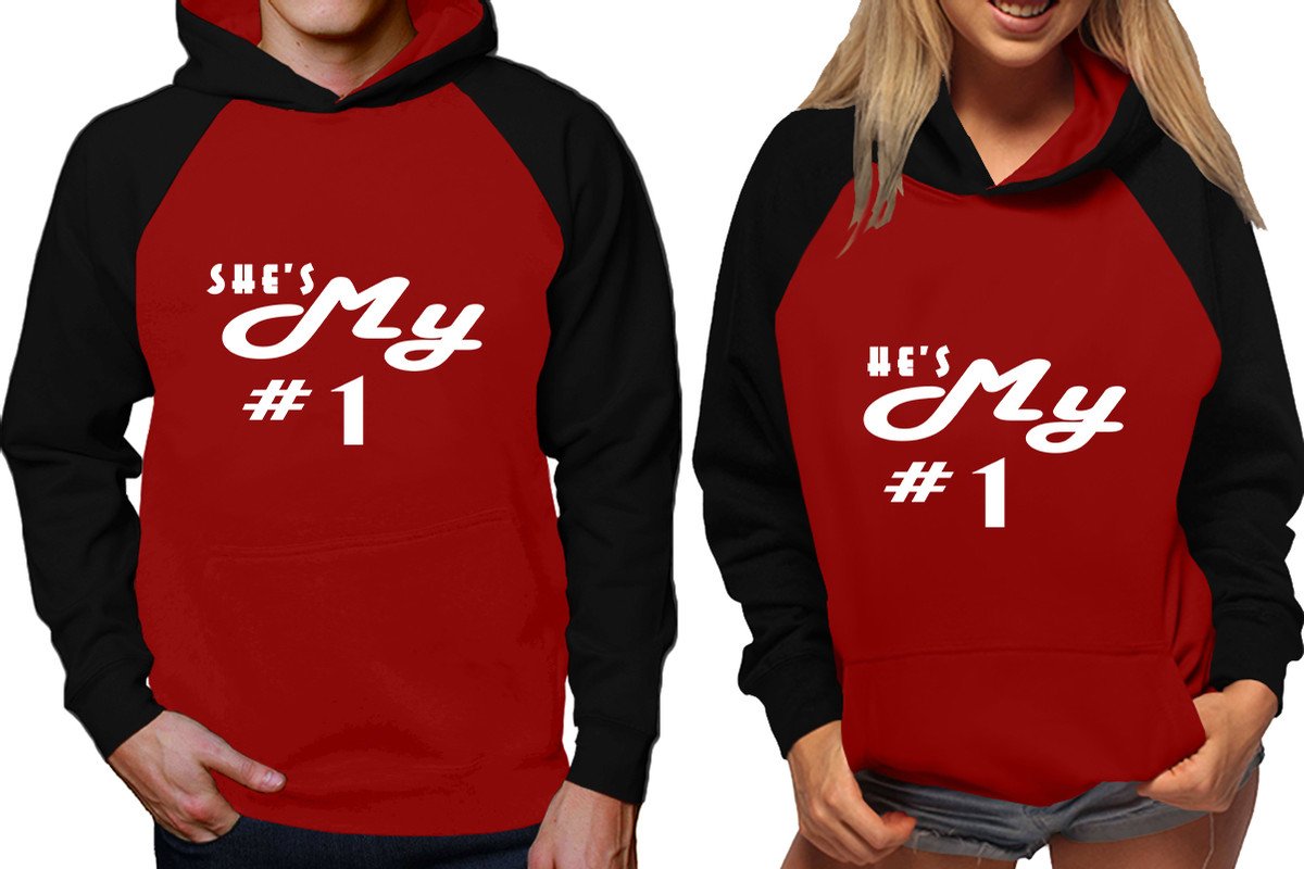 She's My Number 1 and He's My Number 1 raglan hoodies, Matching couple hoodies, Black Maroon his and hers man and woman contrast raglan hoodies