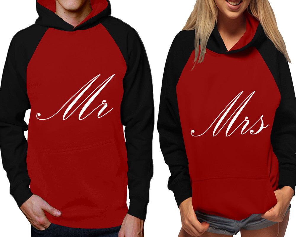 Mr and Mrs raglan hoodies, Matching couple hoodies, Black Maroon his and hers man and woman contrast raglan hoodies