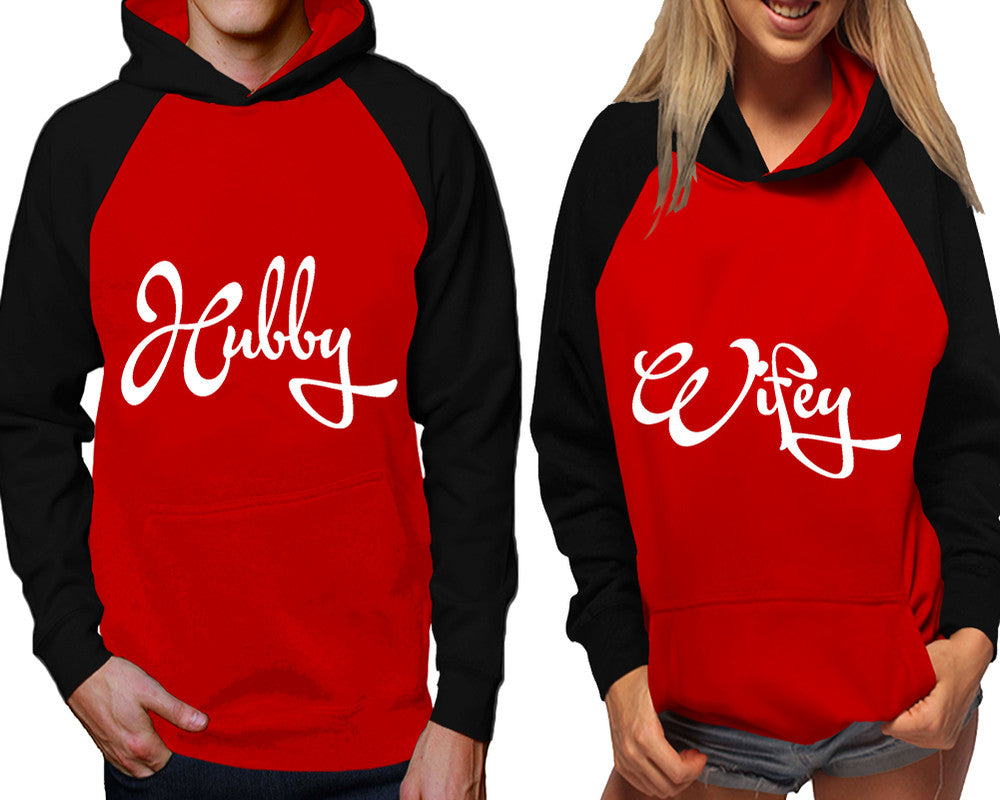 Hubby and Wifey raglan hoodies, Matching couple hoodies, Black Red his and hers man and woman contrast raglan hoodies