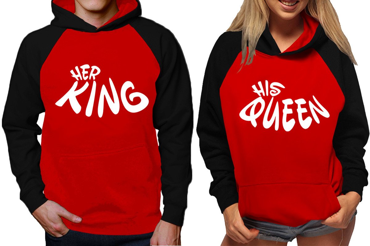 Her King and His Queen raglan hoodies, Matching couple hoodies, Black Red King Queen design on man and woman hoodies