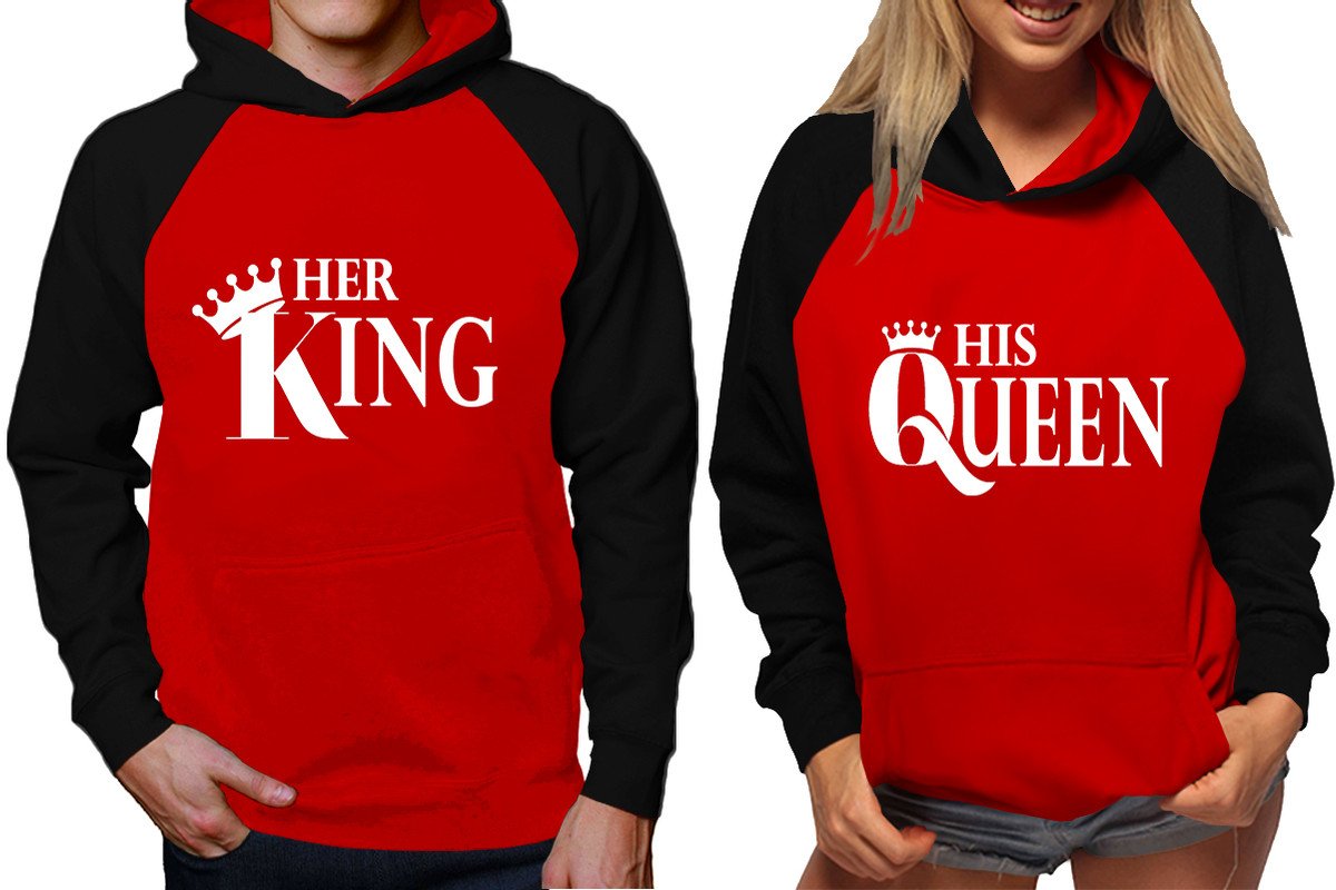 Her King and His Queen raglan hoodies, Matching couple hoodies, Black Red King Queen design on man and woman hoodies