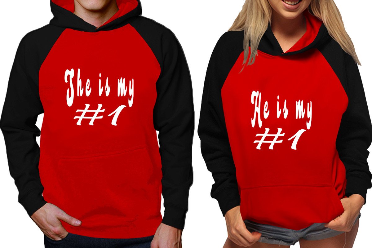 She's My Number 1 and He's My Number 1 raglan hoodies, Matching couple hoodies, Black Red his and hers man and woman contrast raglan hoodies