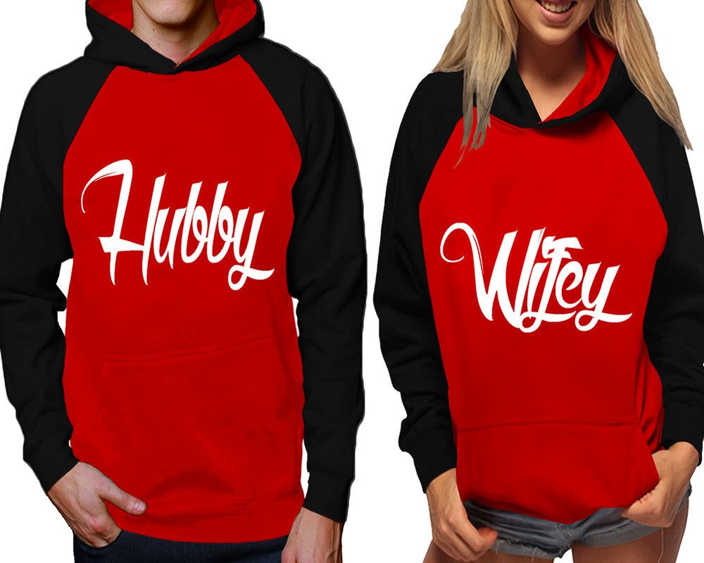 Hubby and Wifey raglan hoodies, Matching couple hoodies, Black Red his and hers man and woman contrast raglan hoodies