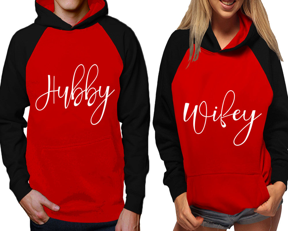 Hubby and Wifey raglan hoodies, Matching couple hoodies, Black Red his and hers man and woman contrast raglan hoodies