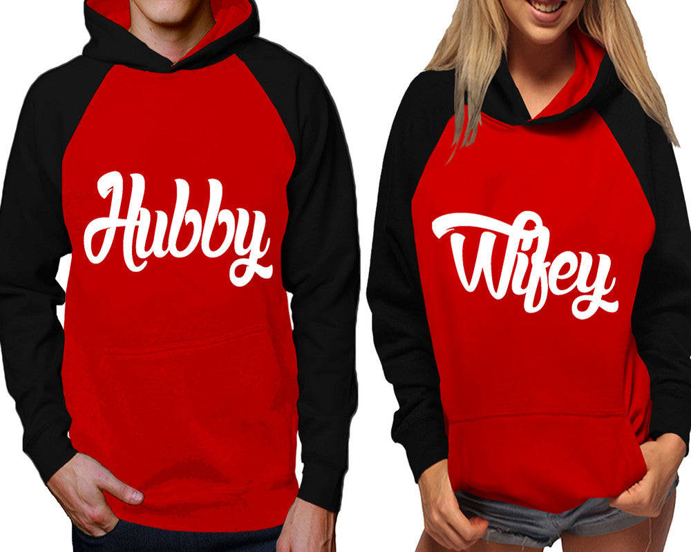 Hubby and Wifey raglan hoodies, Matching couple hoodies, Black Red his and hers man and woman contrast raglan hoodies