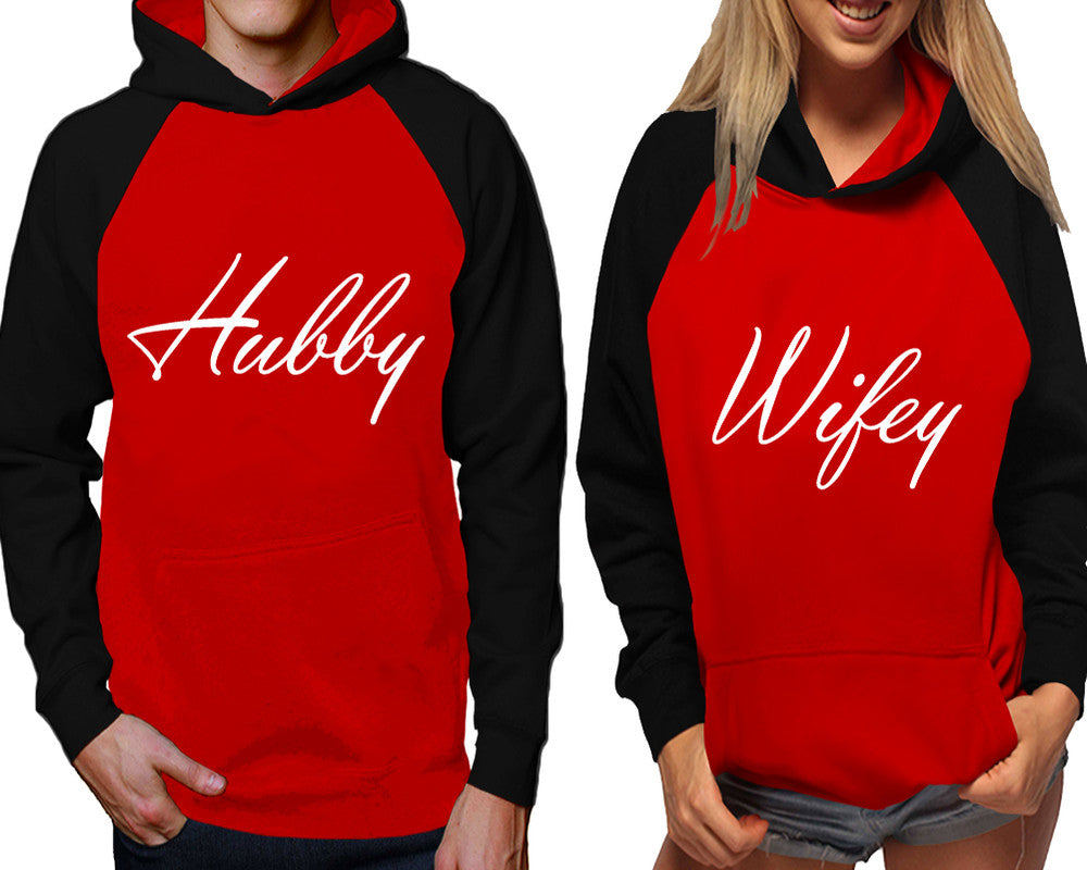 Hubby and Wifey raglan hoodies, Matching couple hoodies, Black Red his and hers man and woman contrast raglan hoodies