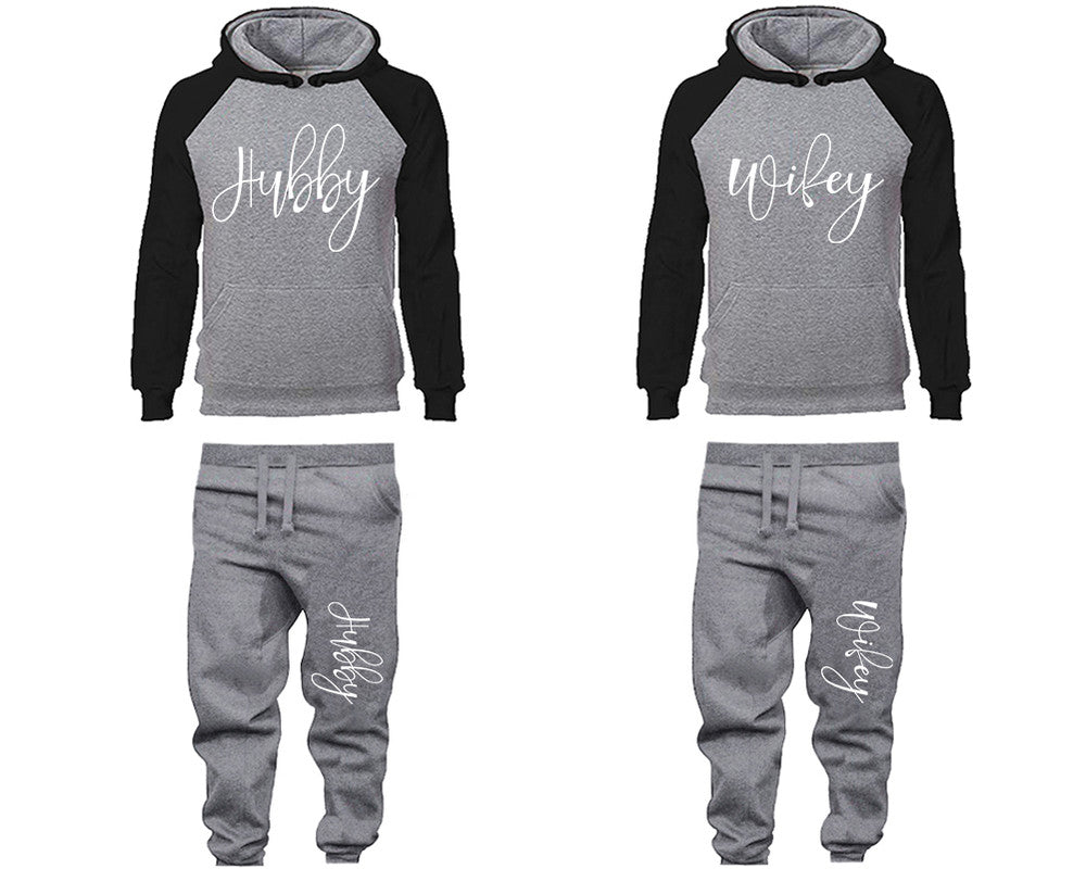 Hubby and Wifey matching top and bottom set, Black Grey raglan hoodie and sweatpants sets for mens, raglan hoodie and jogger set womens. Matching couple joggers.