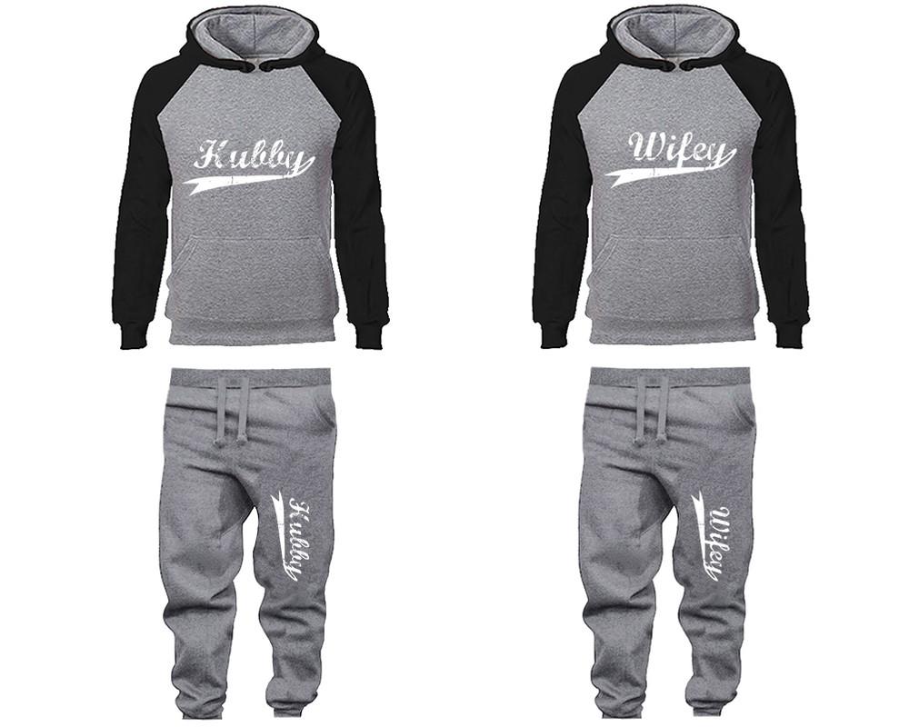 Hubby Wifey matching top and bottom set, Black Grey raglan hoodie and sweatpants sets for mens, raglan hoodie and jogger set womens. Matching couple joggers.