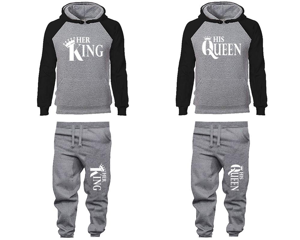 Her King and His Queen matching top and bottom set, Black Grey raglan hoodie and sweatpants sets for mens, raglan hoodie and jogger set womens. Matching couple joggers.