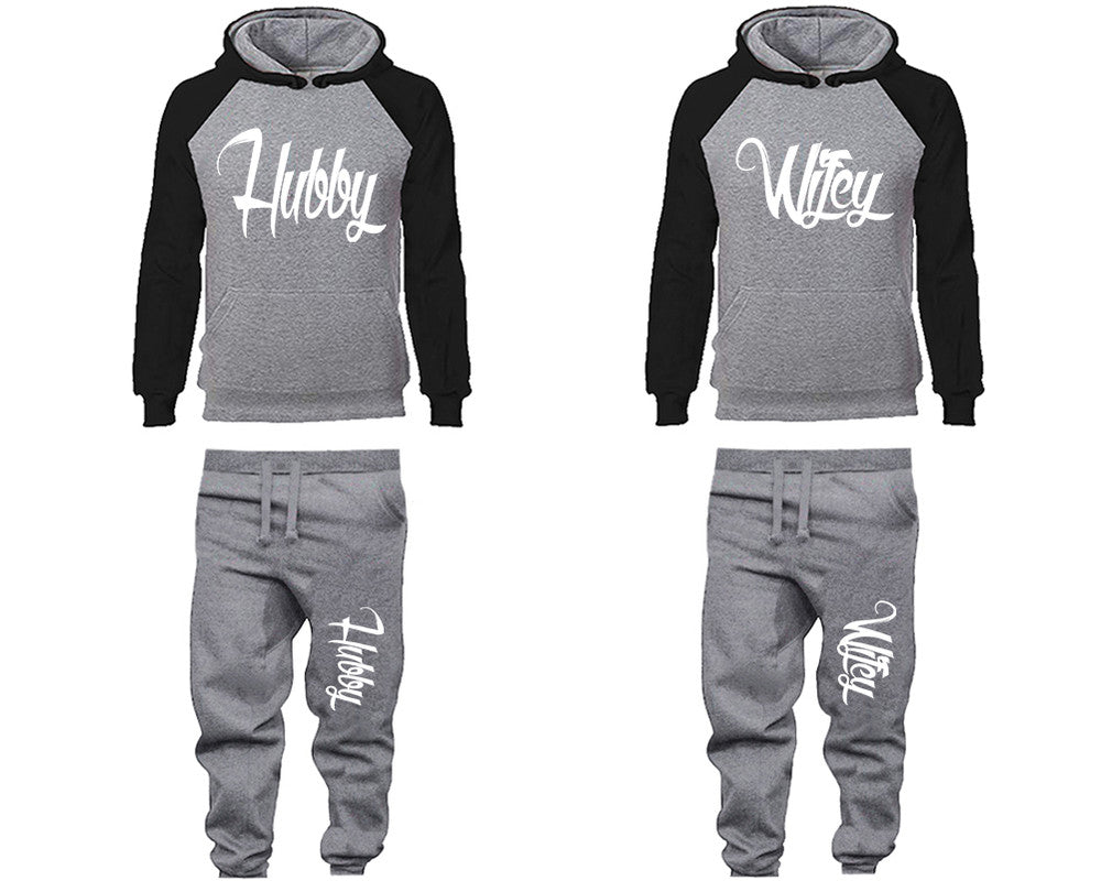 Hubby and Wifey matching top and bottom set, Black Grey raglan hoodie and sweatpants sets for mens, raglan hoodie and jogger set womens. Matching couple joggers.