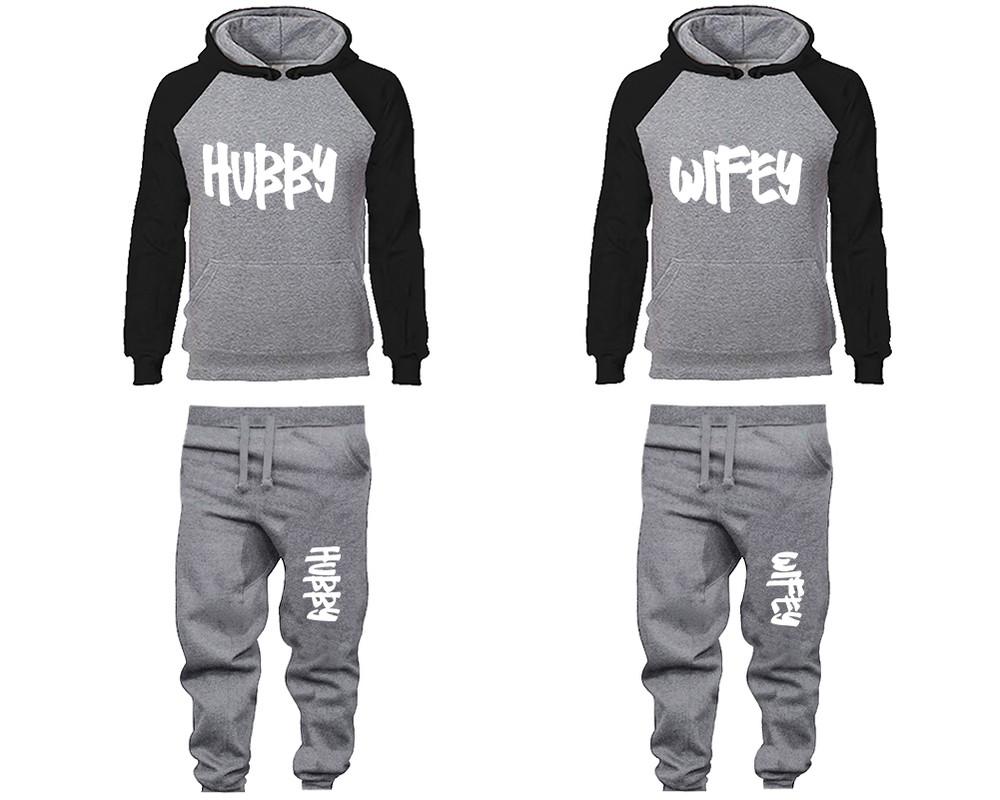 Hubby and Wifey matching top and bottom set, Black Grey raglan hoodie and sweatpants sets for mens, raglan hoodie and jogger set womens. Matching couple joggers.