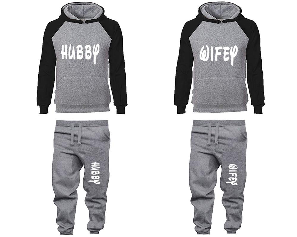 Hubby and Wifey matching top and bottom set, Black Grey raglan hoodie and sweatpants sets for mens, raglan hoodie and jogger set womens. Matching couple joggers.