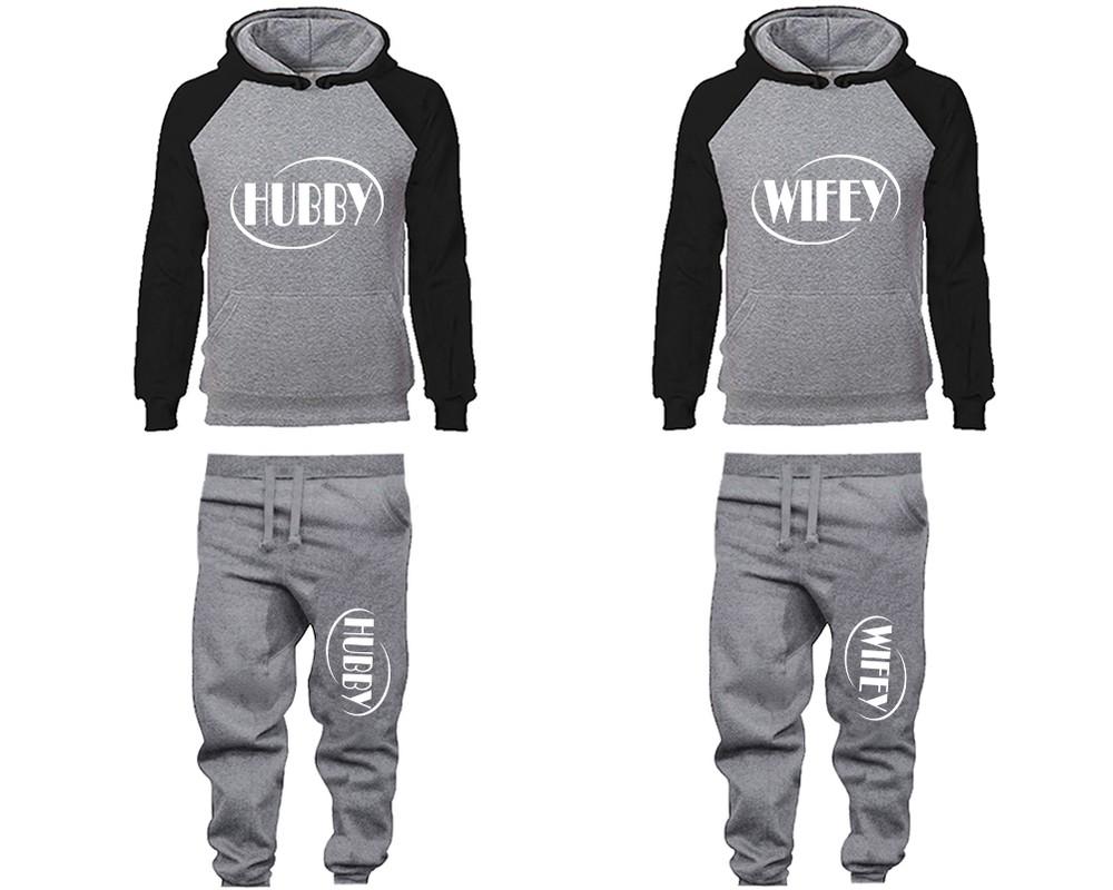 Hubby and Wifey matching top and bottom set, Black Grey raglan hoodie and sweatpants sets for mens, raglan hoodie and jogger set womens. Matching couple joggers.