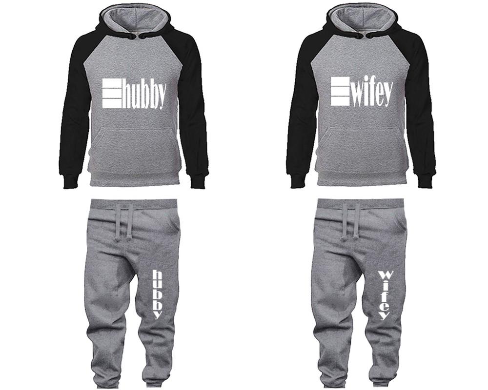 Hubby and Wifey matching top and bottom set, Black Grey raglan hoodie and sweatpants sets for mens, raglan hoodie and jogger set womens. Matching couple joggers.