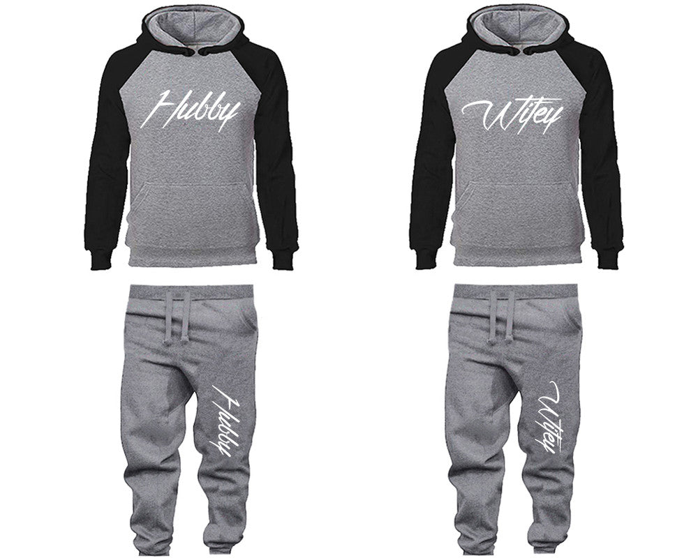 Hubby and Wifey matching top and bottom set, Black Grey raglan hoodie and sweatpants sets for mens, raglan hoodie and jogger set womens. Matching couple joggers.