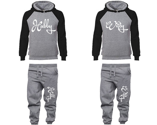 Hubby and Wifey matching top and bottom set, Black Grey raglan hoodie and sweatpants sets for mens, raglan hoodie and jogger set womens. Matching couple joggers.