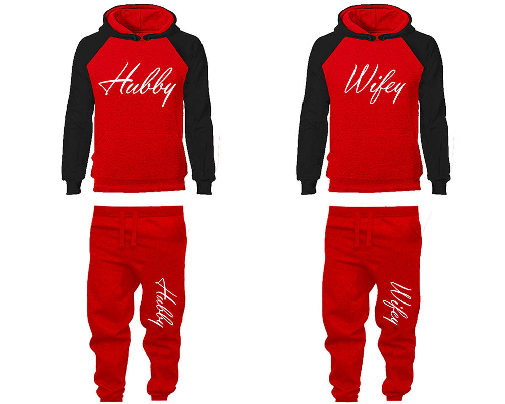 Hubby and Wifey matching top and bottom set, Black Red raglan hoodie and sweatpants sets for mens, raglan hoodie and jogger set womens. Matching couple joggers.