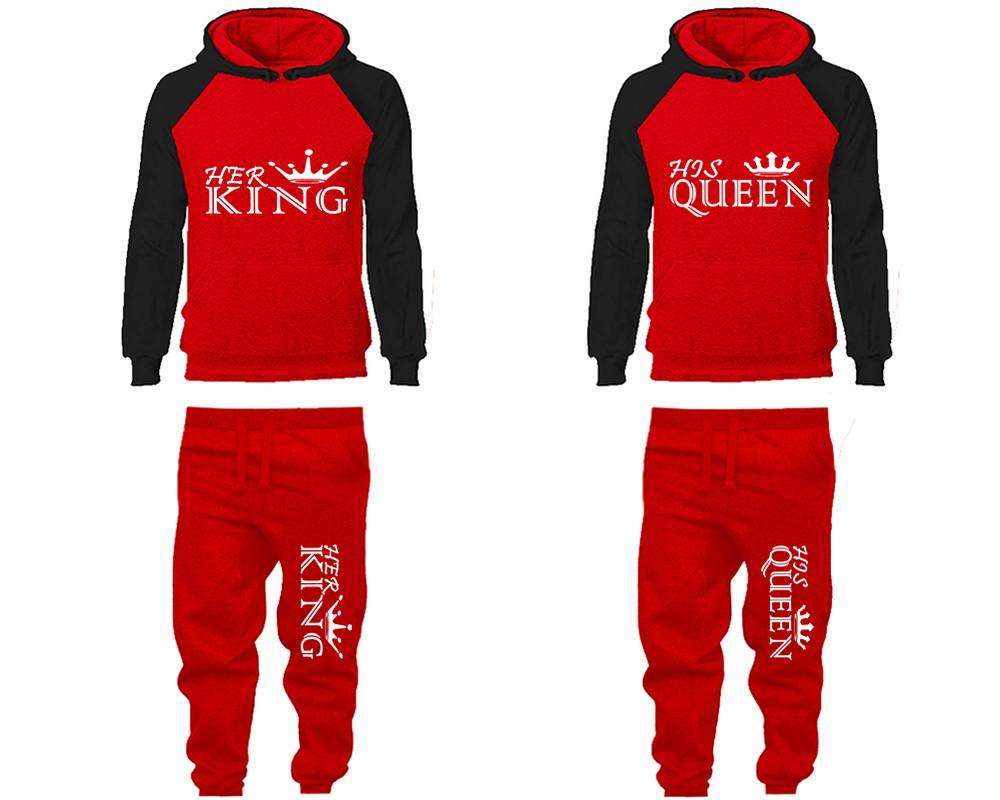 Her King and His Queen matching top and bottom set, Black Red raglan hoodie and sweatpants sets for mens, raglan hoodie and jogger set womens. Matching couple joggers.