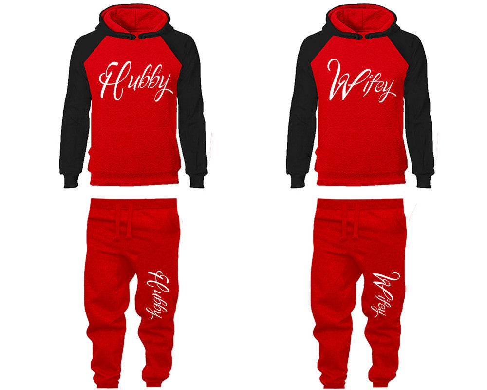 Hubby and Wifey matching top and bottom set, Black Red raglan hoodie and sweatpants sets for mens, raglan hoodie and jogger set womens. Matching couple joggers.