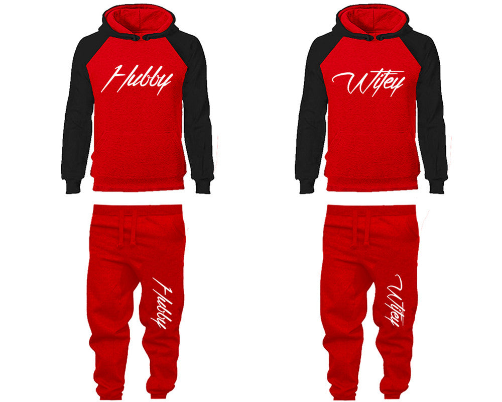 Hubby and Wifey matching top and bottom set, Black Red raglan hoodie and sweatpants sets for mens, raglan hoodie and jogger set womens. Matching couple joggers.