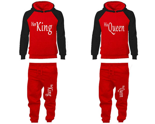 Her King and His Queen matching top and bottom set, Black Red raglan hoodie and sweatpants sets for mens, raglan hoodie and jogger set womens. Matching couple joggers.