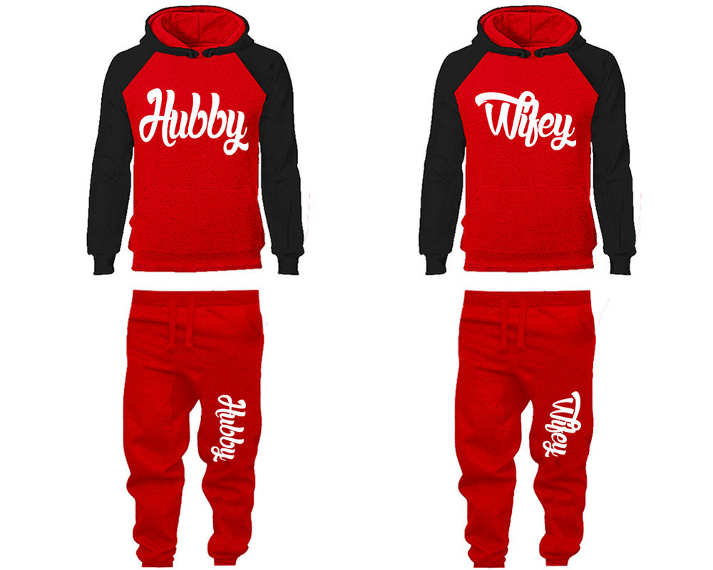 Hubby and Wifey matching top and bottom set, Black Red raglan hoodie and sweatpants sets for mens, raglan hoodie and jogger set womens. Matching couple joggers.