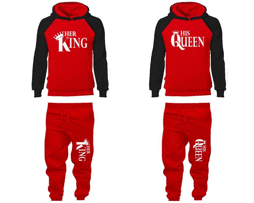 Her King and His Queen matching top and bottom set, Black Red raglan hoodie and sweatpants sets for mens, raglan hoodie and jogger set womens. Matching couple joggers.