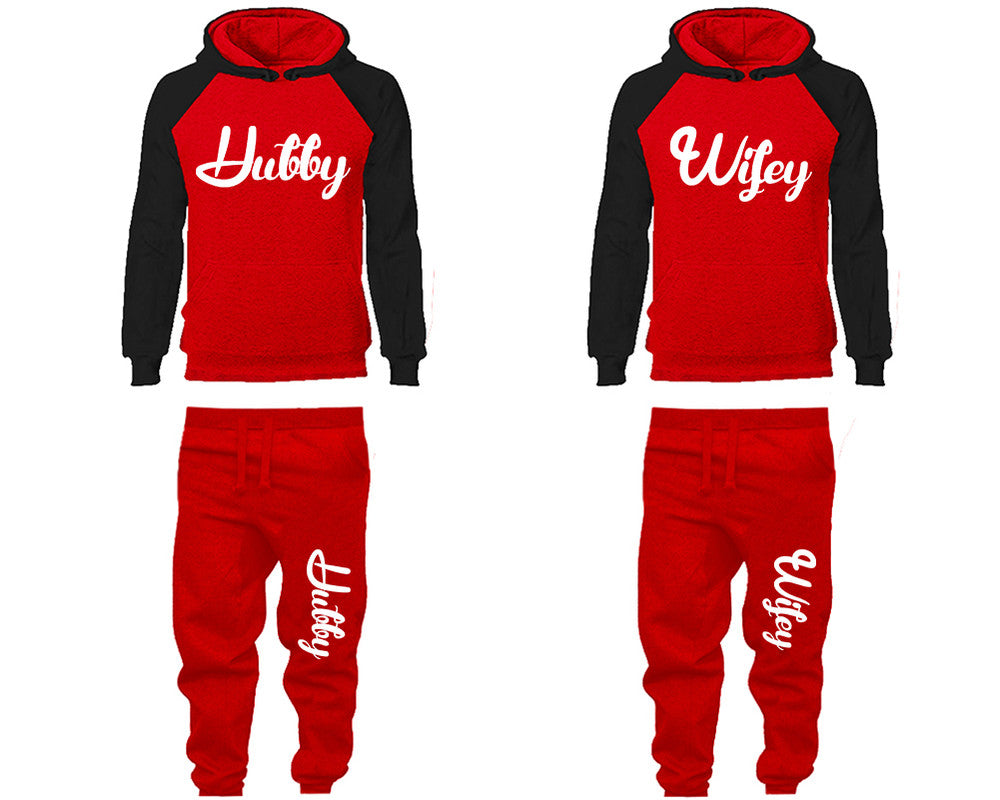 Hubby and Wifey matching top and bottom set, Black Red raglan hoodie and sweatpants sets for mens, raglan hoodie and jogger set womens. Matching couple joggers.