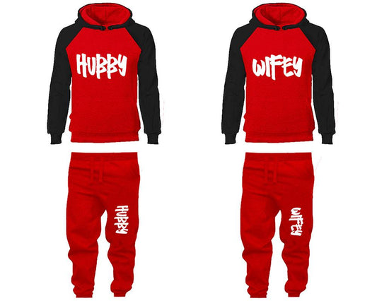 Hubby and Wifey matching top and bottom set, Black Red raglan hoodie and sweatpants sets for mens, raglan hoodie and jogger set womens. Matching couple joggers.